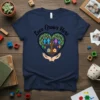 Love Grows Here t-shirt design featuring a heart-shaped tree with family figures and houses, held within hands