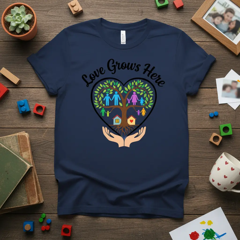 Love Grows Here quote and heart tree family design on a navy blue t-shirt