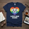 Love Has Paws t-shirt with rainbow heart and geometric dog face graphic