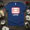 Navy blue t-shirt with a white LOVE graphic and a red heart symbol with radiating lines