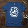 White text "Love Horses Forever Free" around a horseshoe with a white horse silhouette inside on a blue t-shirt