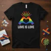 Love Is Love rainbow heart hands design on a black t-shirt, symbolizing LGBTQ pride and acceptance