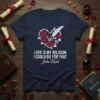 Navy t-shirt with John Keats quote "Love Is My Religion I Could Die For That" and a heart graphic with