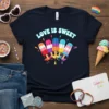 Navy t-shirt with "Love Is Sweet" text above colorful rainbow pride flag themed popsicles