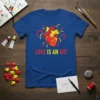 Love Is An Art t-shirt with a red and yellow anatomical heart graphic and colorful lines