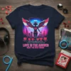T-shirt with "LOVE IS THE ANSWER KEEP THE BEAT GOING" text, featuring a DJ angel with wings and headphones, surrounded
