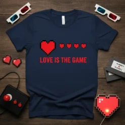Retro "Love Is The Game" text with pixelated red hearts on a navy blue t-shirt design, inspired by video games
