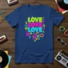 LOVE LOVE LOVE text design in neon green, pink, and blue with retro graphic elements and a bow