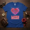 Love Machina steampunk heart design with gears and mechanical elements, printed on a royal blue t-shirt