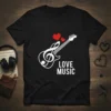 Black t-shirt with white "LOVE MUSIC" text and a graphic of a guitar intertwined with a treble clef and red