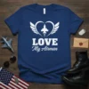 LOVE My Airman t-shirt design with a white heart, jet plane, and wings graphic