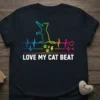 Love My Cat Beat t-shirt with rainbow heartbeat graphic and cat silhouette