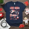 Navy blue t-shirt with "LOVE NURSE" text, cupid, hearts, stethoscope, syringe, and "BE MINE" graphic for Valentine's Day