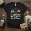 LOVE Our Veterans t-shirt design with military boots, beret, and American flag graphic