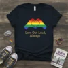 Navy t-shirt with "Love Out Loud, Always" text and rainbow heart made of hands graphic