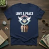 Love & Peace t-shirt with diverse figures, doves, and a rainbow heart symbol