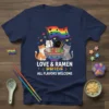 Love & Ramen Pride All Flavors Welcome t-shirt design with cats and rainbow flag