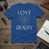 Love Reality t-shirt with a geometric heart graphic and cosmic-themed text