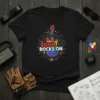 Love Rocks On text with rainbow guitar and peace sign on a black t-shirt, LGBTQ pride design