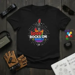 Love Rocks On text with rainbow guitar and peace sign on a black t-shirt, LGBTQ pride design