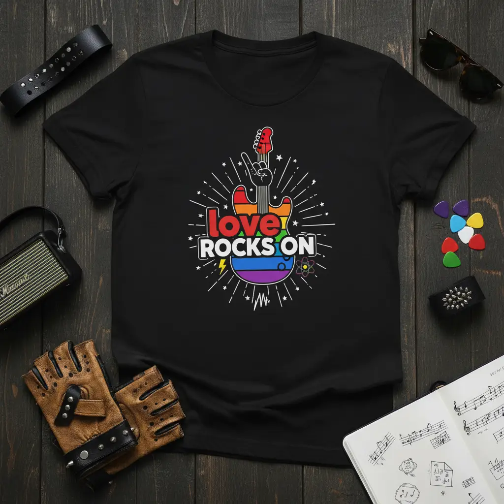 Love Rocks on Rainbow Guitar T-Shirt Pride Gift for Music Lovers