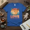 Love Slow Down text with a cute sloth hanging from a branch, surrounded by hearts and a retro sunset graphic