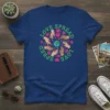 Circular design with hands reaching towards a globe, surrounded by hearts and the text "Love Spread Love Spread" in green