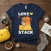 Navy t-shirt with "Love Stack" text and a graphic of three stacked cats in white and orange