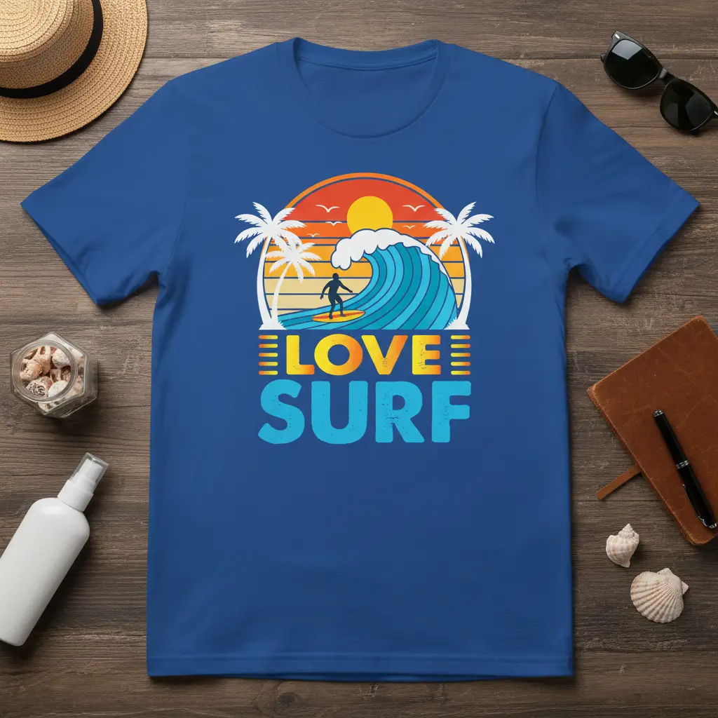 LOVE SURF t-shirt graphic with surfer on wave, palm trees, and sunset