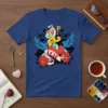 Love tattoo design t-shirt with red heart, blue wings, golden key, and pink ribbon banner