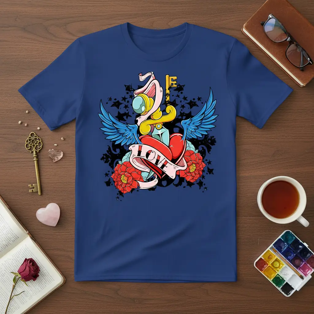 Love tattoo design with heart, wings, and key on a t-shirt, traditional tattoo art style