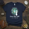 Navy t-shirt with "Love Thy Self Love Thy Self" text and a mandala graphic featuring a silhouette looking in a