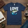 LOVE text with a yellowfin tuna jumping on an ocean wave graphic, navy blue t-shirt design