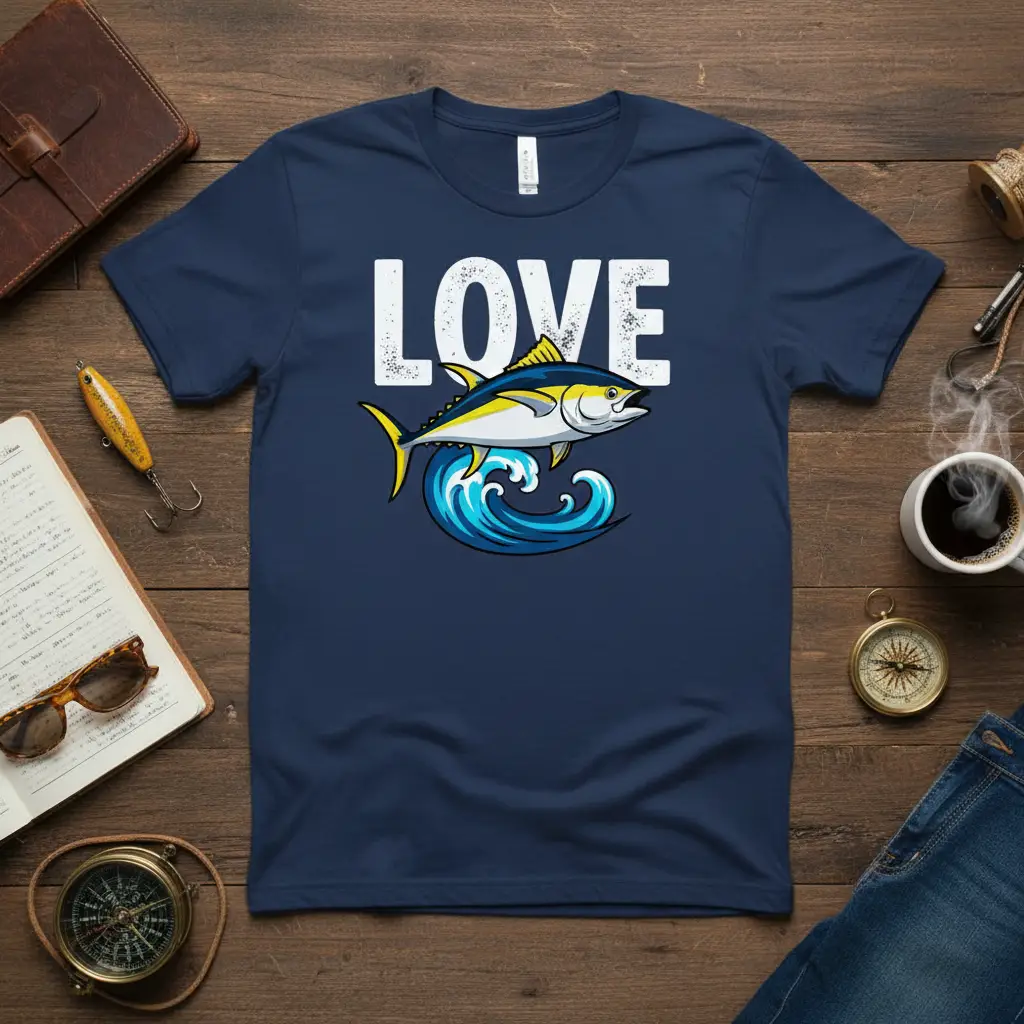 LOVE text with yellowfin tuna jumping over a blue ocean wave graphic on a navy shirt