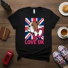 LOVE UK t-shirt design with a bulldog's head superimposed on the Union Jack flag, featuring pink text