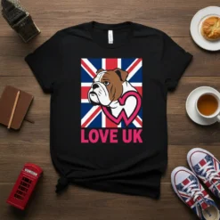 LOVE UK t-shirt design with a bulldog's head superimposed on the Union Jack flag, featuring pink text