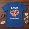 LOVE UNITES ALL text above a heart made of diverse hands, on a royal blue t-shirt