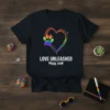 Black t-shirt with "Love Unleashed Pride Paw" text and a rainbow heart with a paw print inside