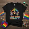 T-shirt with "LOVE WINS EQUALITY FOR ALL" text and three gnomes in rainbow hats, set against a colorful aurora background