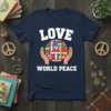 LOVE WORLD PEACE t-shirt design with hands holding a puzzle globe representing international flags and unity