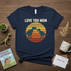 Navy t-shirt with "LOVE YOU MOM" text above a sunset circle featuring two green dinosaurs, perfect for Mother's Day