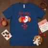 Navy blue t-shirt with "love you" text and a cute dog face made of hearts, surrounded by smaller red hearts
