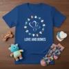 Love and Bones t-shirt design with cartoon dogs and hearts in a circle, featuring the text "LOVE AND BONES"