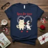 Navy t-shirt with "Love for love" text and cute cartoon cat and dog holding a rose, surrounded by hearts
