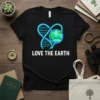 Black t-shirt with "LOVE THE EARTH" text and a graphic of a DNA helix forming a heart around a depiction