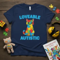 Loveable Autistic text with a cute cat made of colorful puzzle pieces, representing autism awareness