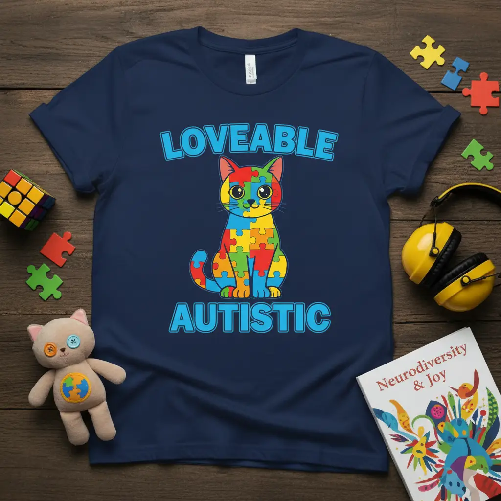 Loveable Autistic text design with a colorful puzzle piece cat graphic for autism awareness support