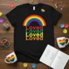Black t-shirt with rainbow arch and stacked text "Loved Loved Loved Loved" in rainbow colors, symbolizing LGBTQ pride