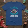 Lucha Libre Tradición Y Pasión text with colorful luchador mask and wrestling belt graphic on blue t-shirt