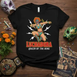 Luchadora Queen of the Ring text with a female wrestler graphic on a black t-shirt